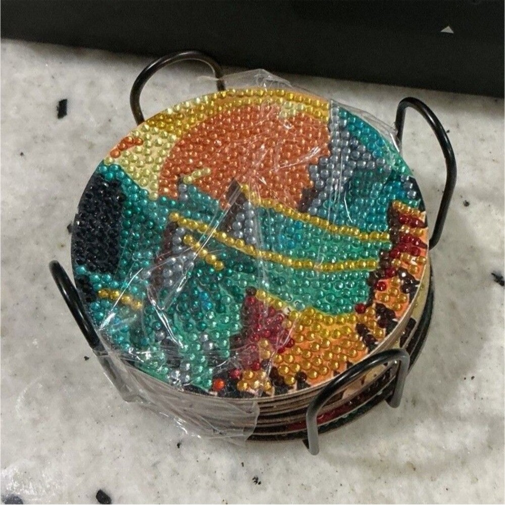 Multicolor Abstract Round Wood Coaster Set of 6 with Holder